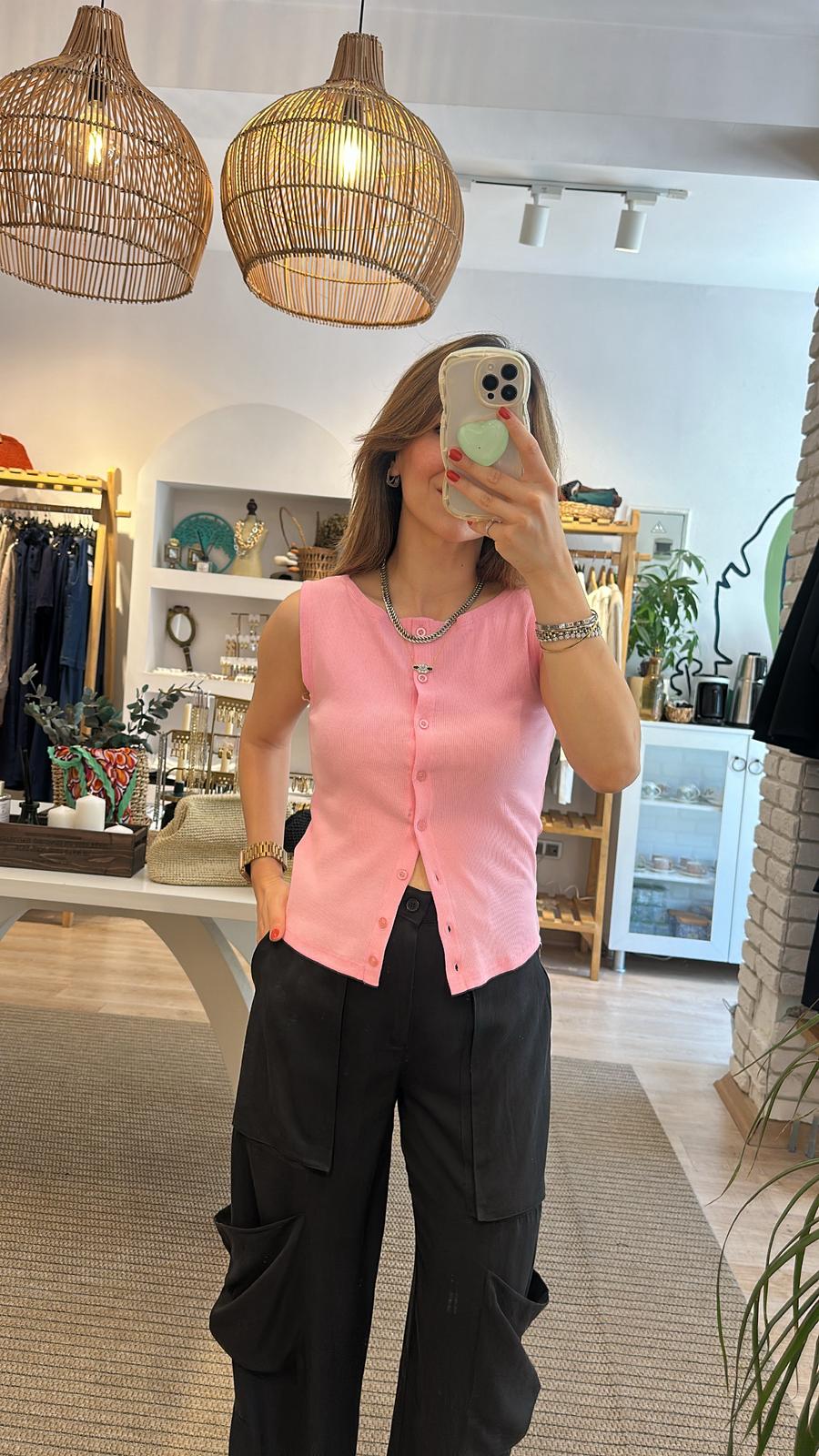 Düğmeli Örme Yelek Pembe