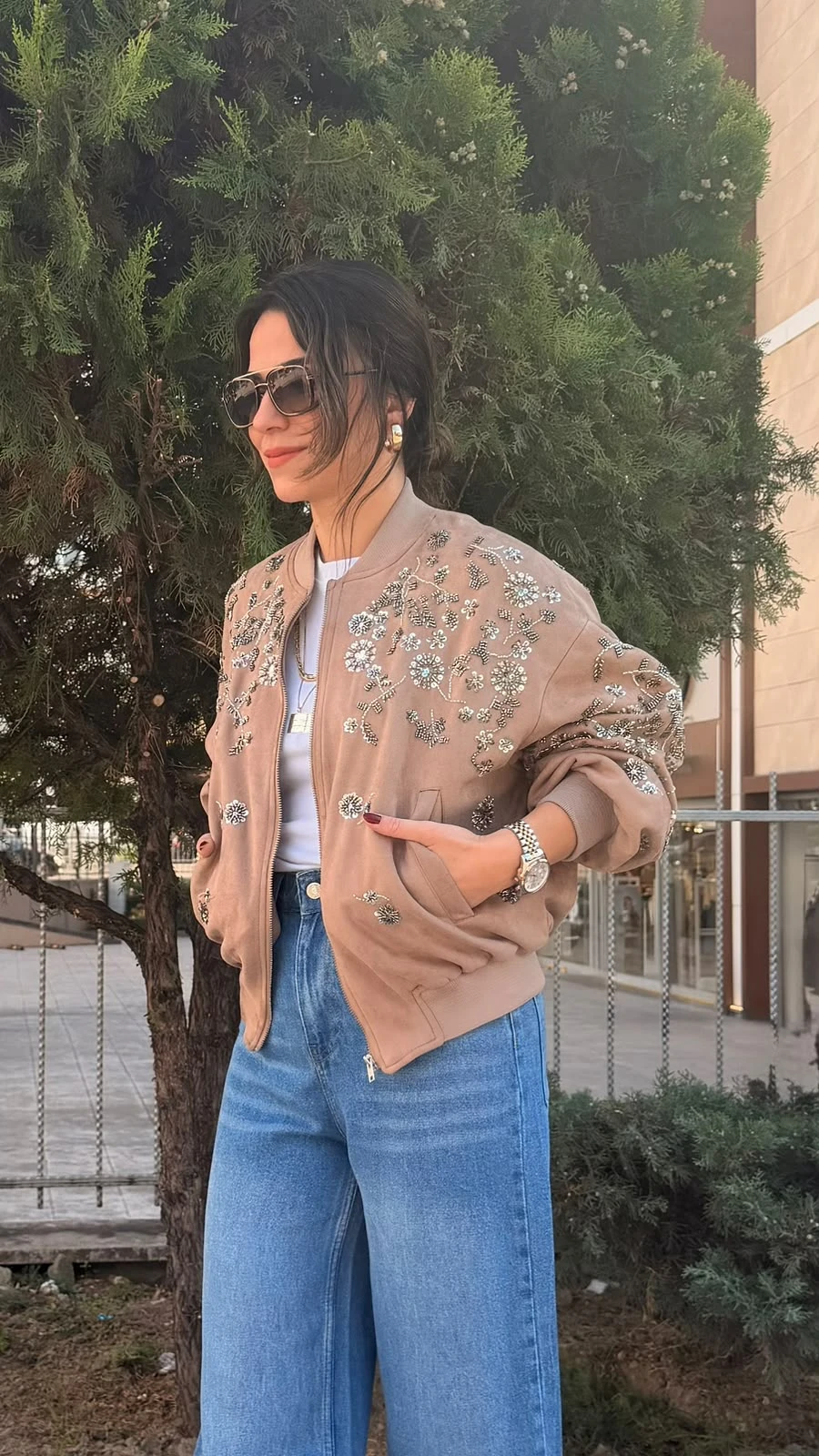 Taş İşlemeli Süet Bomber Ceket